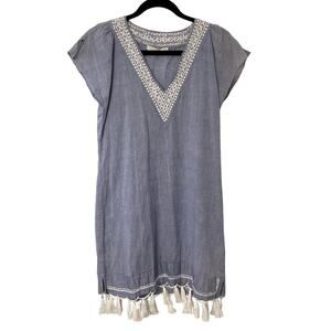 Subtle Luxury Kaftan Dress XS/S Chambray Embroidered Fringe Tassel Hem India